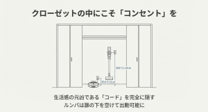 ルンバ用（床から15cm）とスティック掃除機用（床から120cm）のコンセント配置例。
