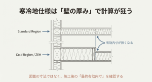 一般地と寒冷地・ZEH仕様の壁の厚みの違いにより、収納内寸が狭くなる断面解説図。