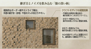 クラフトモザイクのパターンが外壁の継ぎ目（目地）を目立たなくする視覚効果