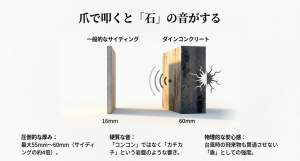 ダインコンクリートの60mmの厚みと一般的なサイディングの比較図および物理的な強度