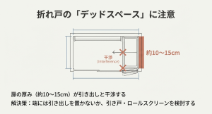 折れ戸の厚み（10〜15cm）が引き出しと干渉する様子を示した平面図。