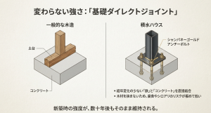 一般的な木造の土台と積水ハウスの基礎ダイレクトジョイントの比較図