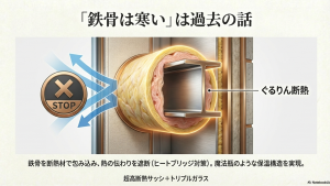 鉄骨を断熱材で包み込みヒートブリッジを防ぐ積水ハウスのぐるりん断熱構造