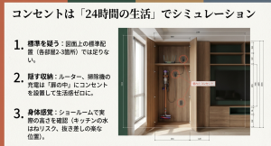 扉の中に設置された隠れたコンセントでルーターや掃除機を充電する生活感ゼロの収納例