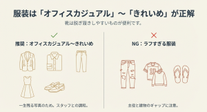 引き渡し式の服装はラフすぎるものを避け、きれいめな服装が推奨される図