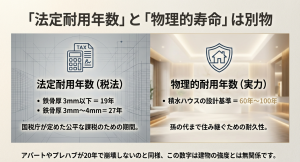 法定耐用年数（税法上のルール）と物理的耐用年数（建物の実力）の違いを図解