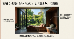 玄関からの中庭やキッチンからの空が見える「抜け」と、落ち着く居場所「溜まり」を両立したリビング空間