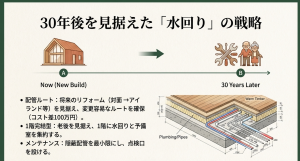 将来のキッチン移動を見据えた配管ルート確保と、1階完結型間取りによる老後対策の解説図