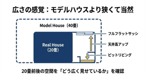 モデルハウスより狭くて当然。20畳前後の空間をフルフラットサッシや天井高アップなどでどう広く見せているかを確認する図。