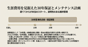引渡しから30年間の無料点検期間と、将来の永年保証継続に向けた修繕予算や維持管理のスケジュール