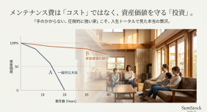 一般的な木造住宅と比べ、適切なメンテナンスを行った家がスムストックにより高い資産価値を維持し続けることを示すグラフ