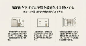 外観正面へのダインコンクリートの集中や建物の総二階化、動線を計算した収納計画による予算最適化のポイント