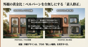 窓のラインを揃えたプロの提案と、室内都合で窓を追加してバランスが崩れた修正案の比較画像