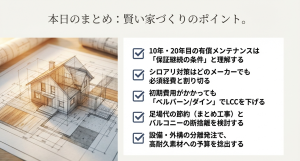 メンテナンス費用を賢く抑えるための、保証条件の理解、シロアリ対策、高耐久素材の採用、まとめ工事、分離発注の5つのポイントまとめ
