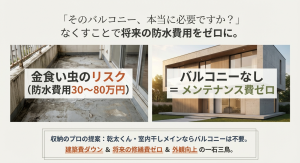 バルコニーをなくすことで将来発生する30万〜80万円の防水メンテナンス費用をゼロにする提案画像