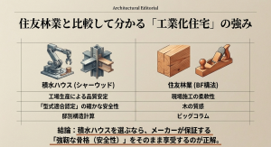 工場生産による品質安定と邸別構造計算による「強靭な骨格」を解説する積水ハウスの強み比較表