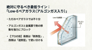 アルゴンガスとLow-E金属膜で熱の移動をブロックするペアガラスの構造