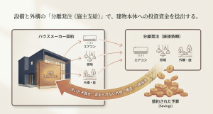 エアコン、照明、外構を分離発注することで節約した予算を、変えられない外壁（ベルバーン）や構造へ再投資する戦略図