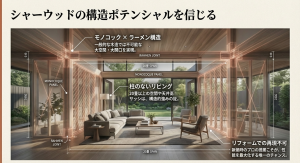 モノコックとラーメン構造を組み合わせたシャーウッド独自の構法による大空間・大開口の解説図