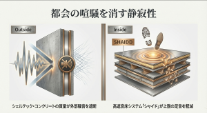 外部騒音を遮断するシェルテックコンクリートと上階の衝撃音を軽減する高遮音床システムSHAIDD
