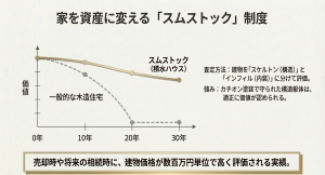 積水ハウスのスムストック制度による資産価値維持と一般的な木造住宅の価値下落の比較グラフ