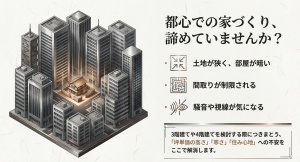 狭小地や密集地での家づくりにつきまとう暗さや騒音、間取り制限などの問題点