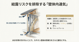壁体内通気（ウォームフレーム）の仕組み。空気が循環し結露を防ぐ構造