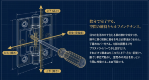 プラスドライバーを使って丁番の上下・左右・前後の微調整を行う方法の図解