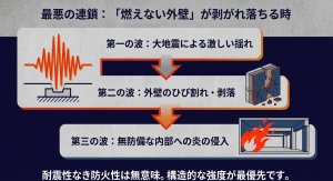 大地震の激しい揺れによって燃えない外壁材がひび割れ・剥落し、無防備な内部へ炎が侵入する最悪の連鎖のイメージ。