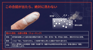 紫外線の破壊により塗料の結合樹脂が分解され、指に白い粉がつくチョーキング現象の解説と、専門家による治療が必要であるという警告