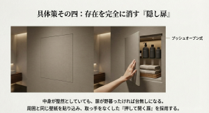 周囲と同じ壁紙を貼り込み取っ手をなくしたプッシュオープン式の隠し扉