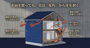 最新の外壁材にリフォームしても、屋根の隙間や熱で割れた窓ガラスから内部の乾燥した構造材へ炎が侵入する死角を図解。