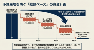 予算崩壊を防ぐ「総額ベース」の資金計画。諸経費や外構費を初期見積もりに盛り込む重要性を解説。