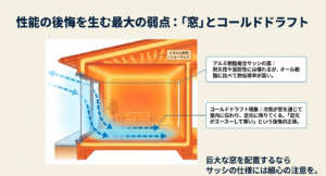 アルミ樹脂複合サッシから冷気が室内に伝わるコールドドラフト現象の図解。