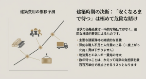 資材高騰や人手不足により建築費用が今後も上昇することを示す予測スライド