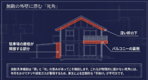 駐車場の屋根隣接部、深い軒の下、バルコニーの裏側など、雨と光が届かず手助けが必要な外壁の死角の図解