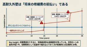 30年間の外壁メンテナンス費用の累積コストを比較した折れ線グラフ。初期投資の重要性を解説。
