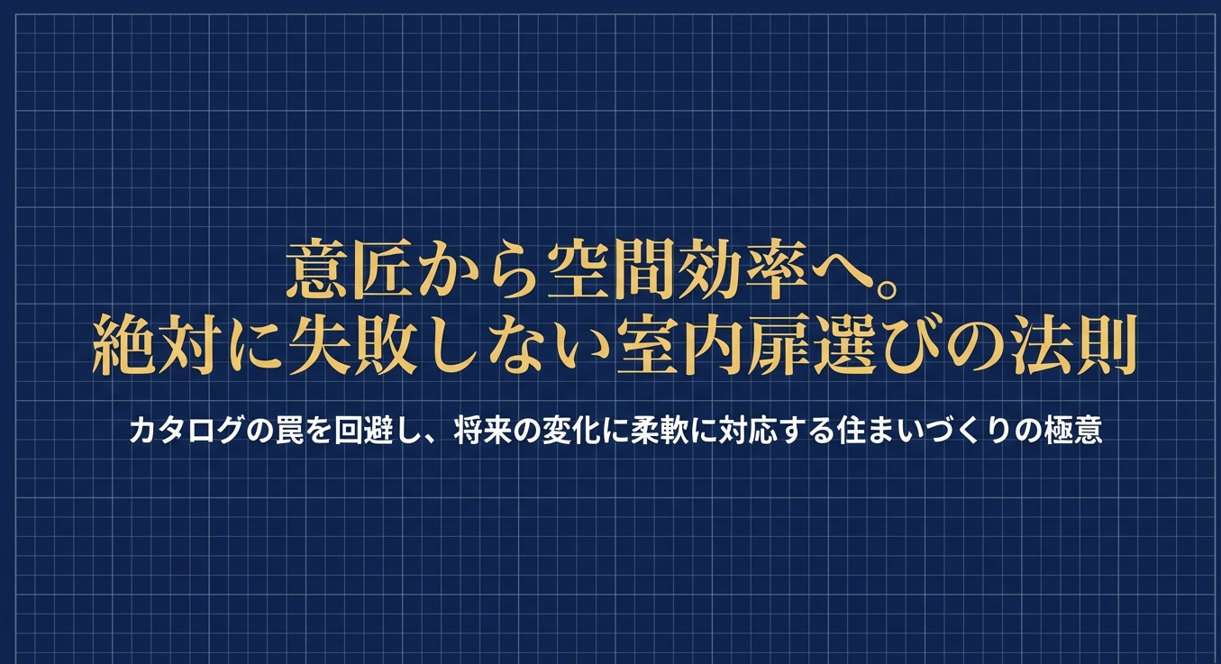 「意匠から空間効率へ。絶対に失敗しない室内扉選びの法則」「カタログの罠を回避し、将来の変化に柔軟に対応する住まいづくりの極意」とデザインされた、室内ドア選びに関するスライドの表紙画像
