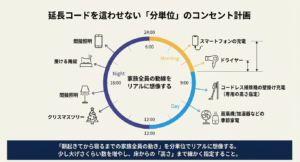 朝起きてから寝るまでの1日の生活動線に合わせたコンセントやルンバ基地の配置計画図。