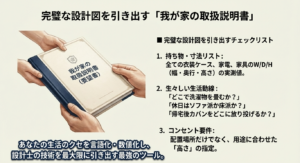 完璧な設計図を引き出すためのチェックリスト「我が家の取扱説明書（要望書）」のイメージイラスト。