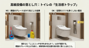 トイレの生活感をなくすニッチ収納の成功例と失敗例の比較画像。
