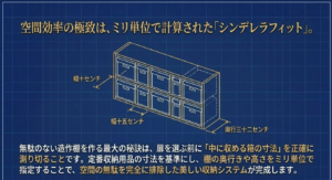 定番収納用品の寸法を基準に、ミリ単位で設計された無駄のない造作棚の図解