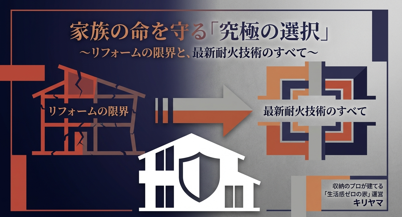 収納のプロ・キリヤマが解説する、住宅リフォームの限界と最新耐火技術のすべて。家族の命を守るための「究極の選択」を提示するスライド資料の表紙画像。