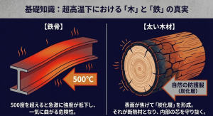 500度を超えると強度が低下し曲がる鉄骨と、表面が焦げて炭化層となり内部の芯を守る太い木材の耐火メカニズムの比較図。