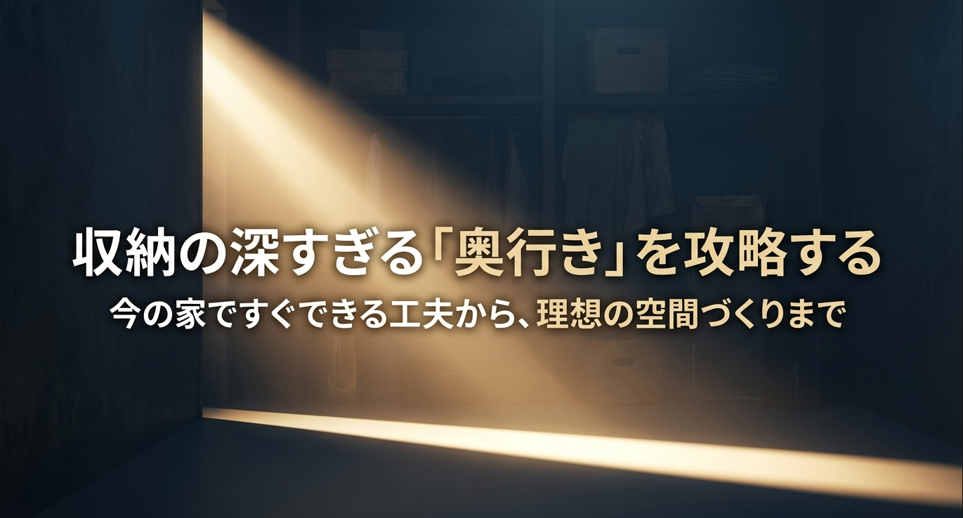 収納の深すぎる「奥行き」を攻略する 。今の家ですぐできる工夫から、理想の空間づくりまでを解説したアイキャッチ画像 。