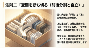 深い引き出し内部を手前と奥で完全に分割し、衣服を立てて収納することで空間を断ち切る法則