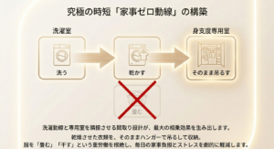 洗濯室で洗い、乾かし、そのまま身支度専用室へ吊るすことで畳む労力を根絶する究極の時短動線