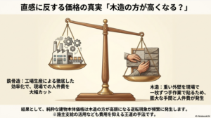 鉄骨造は工場生産で人件費をカットできる一方、木造は現場での手作業で膨大な手間と人件費が発生し、建物本体価格が逆転する現象を表した天秤のイラスト