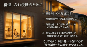 性能数値の不毛な比較は捨て、空間の広がりや外壁で決めること、そして展示場へ行く前に優秀な担当者の紹介を受けるべきという結論のまとめ